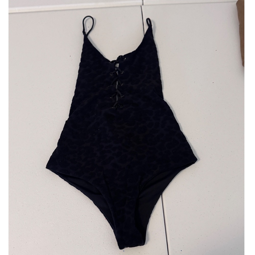 Tavik Swimwear Black Leopard Print Lace Up One Piece Swimsuit Small o3